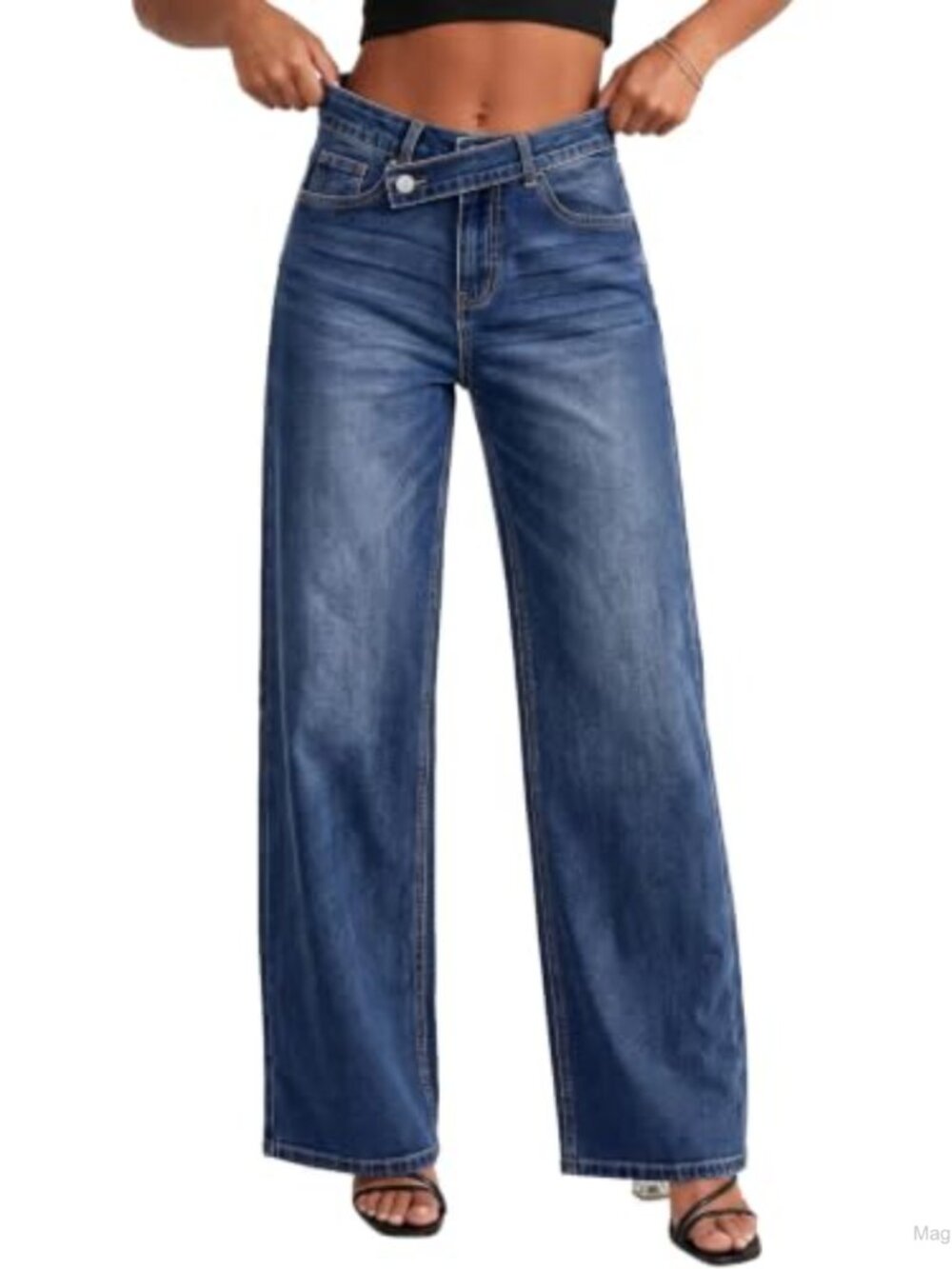 High Waisted Wide Leg Stretchy Jeans Overlap Waist Denim Pants